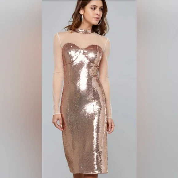 Bebe Rose Gold Sequin Bustier Mock Neck Dress - Picture 1 of 3